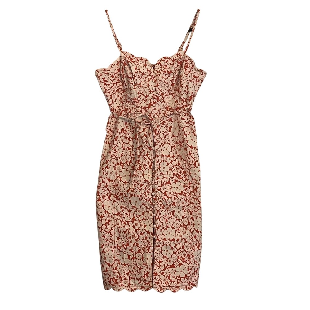 Anthropologie Garden Floral Scalloped‎ Midi Dress Red Petite 6P Button Front Tie